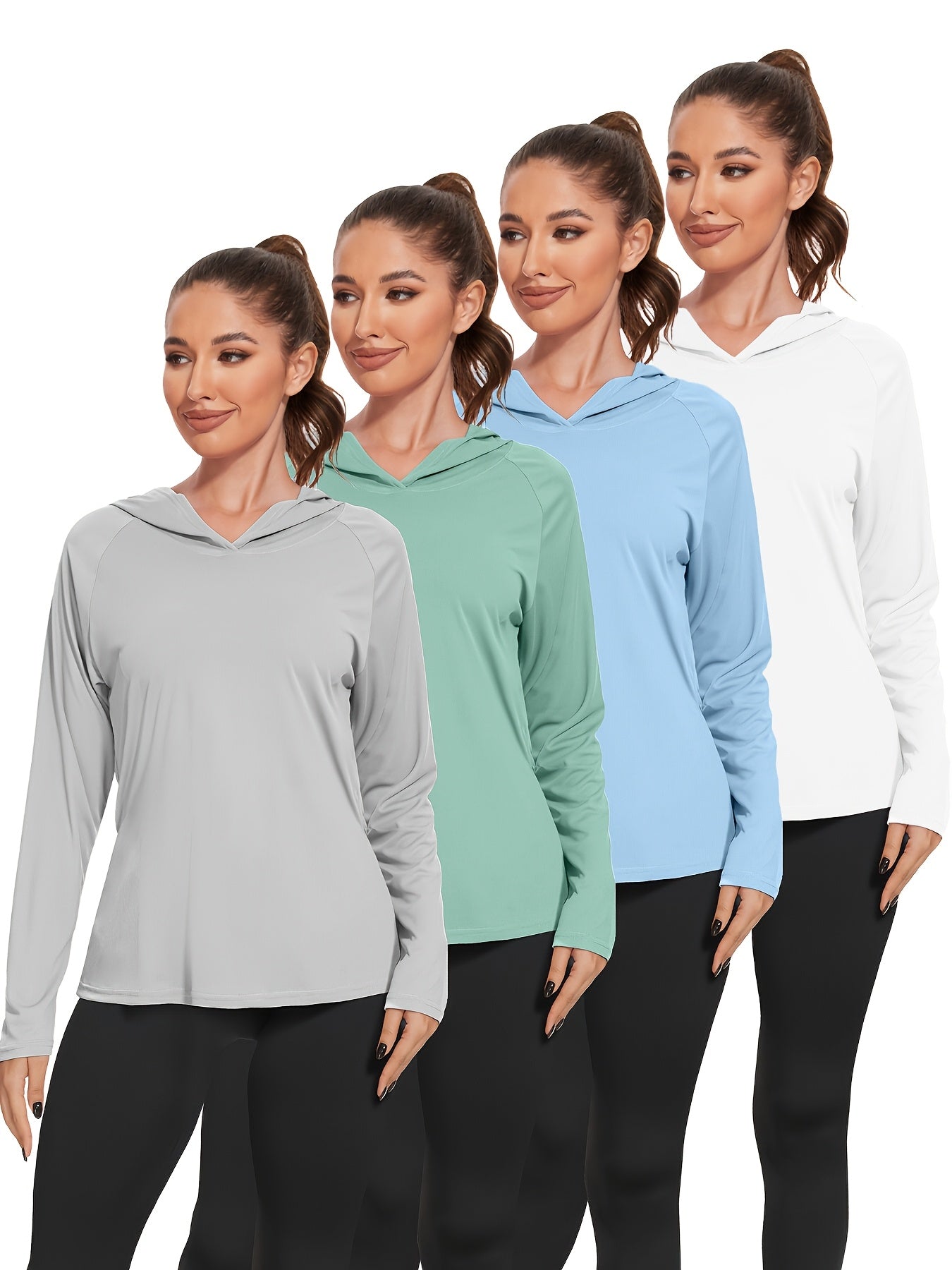 4pcs Set Women'S Hooded Shirt, Lightweight Quick-dry Hooded Shirt Women'S Casual Long-sleeved T-shirt Solid Color Multi-piece Set, Suitable For Sports Such As Fishing, Outdoor Activities, And Fitness
