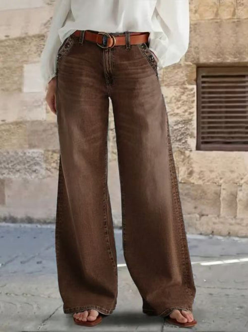 [Retro Wide-Leg Pants] 1pc Women's Retro Brown Wide-Leg Pants with Decorative Buttons & Pockets - Comfortable Versatile Bottoms for Casual Daily Wear, Street Style, Weekend Outings & Office Looks (S-XXL)