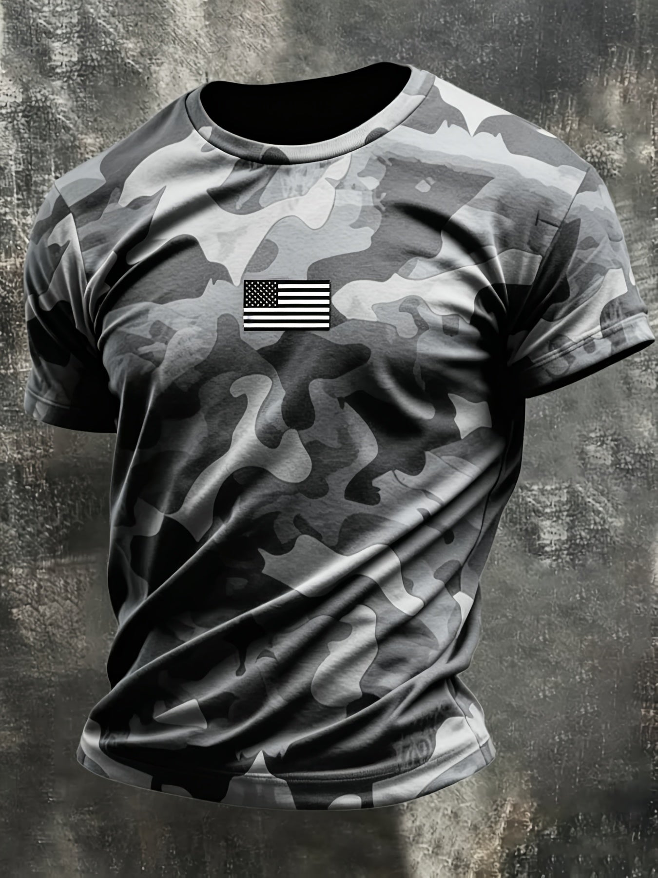 Trendy Orange Black Camouflage Splicing Design, Mini American Flag on Chest, Round Neck Short Sleeve Silhouette, Casual And Versatile, Plus Size Friendly, Suitable for Outdoor Commuting, Showcasing American Tough Guy Style