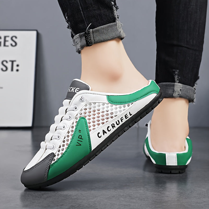 Men's Slip-On Sneakers - Anti-Slip Cushioned insole, Slip-Resistant PVC Sole - Slip-On Shoes for Gym, Beach, Casual - Navy/White/Beige - Lightweight Outdoor Shoes for Hiking, Running, Casual Attire, Sporty Roundtoe, Fabric Upper Breathability
