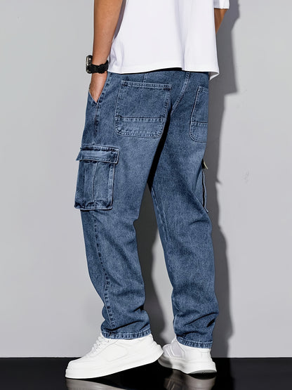 [Hme]Men'S Workwear Casual Loose Short Straight-Leg Jeans, Elastic Denim for Comfort And Relaxation, Heavy-Duty Washed Classic Western Denim in Retro Blue, Designer Multi-Pocket, Suitable for All Seasons, Machine Washable, Built-In YKK5 Zipper