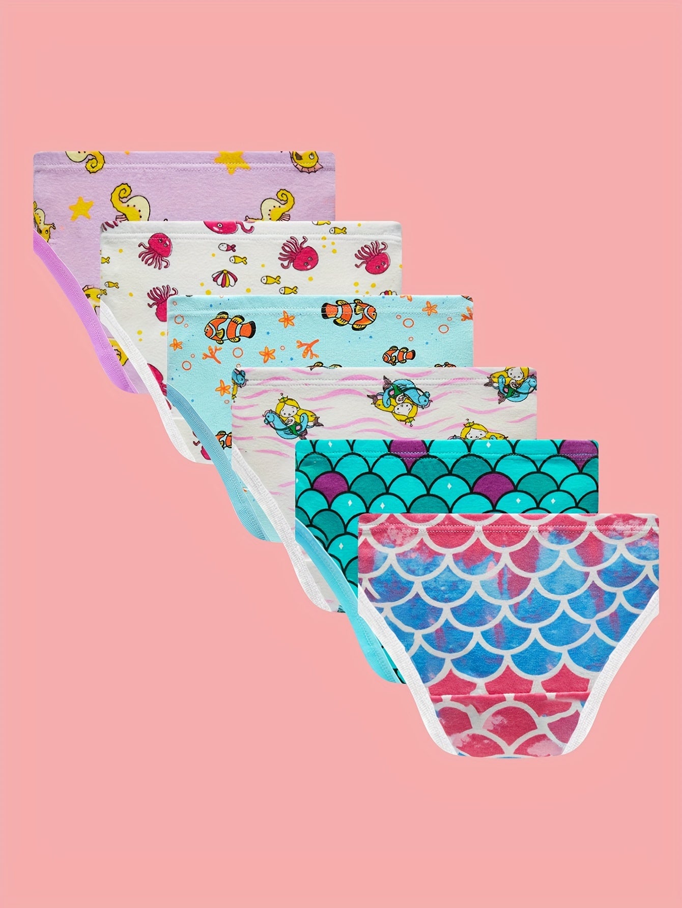 6-Pc Girls' Triangle Comfortable Breathable Underwear with Mermaid, Seahorse, Octopus And Other Marine Elements