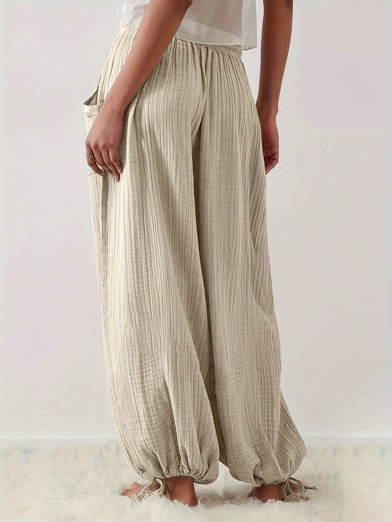 Spring And Summer Women's Casual Pants, Khaki, Pocket, Wide Leg, Tie, Loose, Daily Commuting Wide Leg Pants Womens Summer Clothes