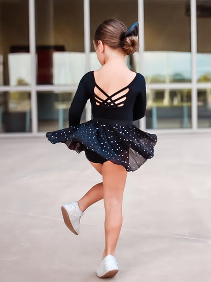 Girls' 2pcs Ballet Leotards Long Sleeve Cross-Back Dance Leotard with Detachable Shiny Skirt, Stretchy Polyester Dance Dress for Parties, Birthdays & Sports Events, Perfect for Outdoor, All Seasons, Gift for Back-to-School Season, Beach Essentials