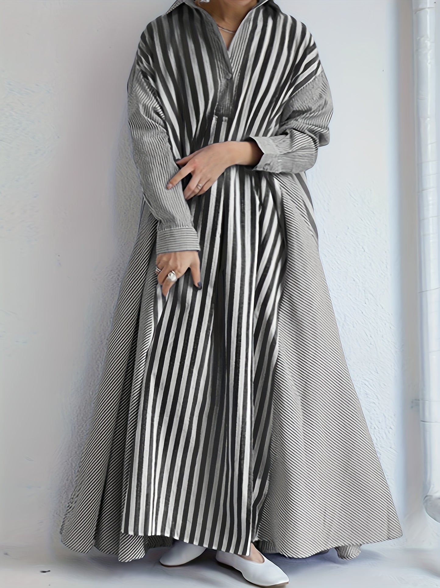Plus Size - Plus Size - Casual Shirt Dress with Long Sleeves And Striped Stitching Designed for Plus-Size Women