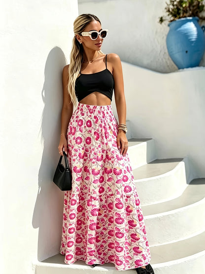 Abstract Print High Waist Skirts, Boho Shirred Pleated Maxi Skirts, Women'S Clothing