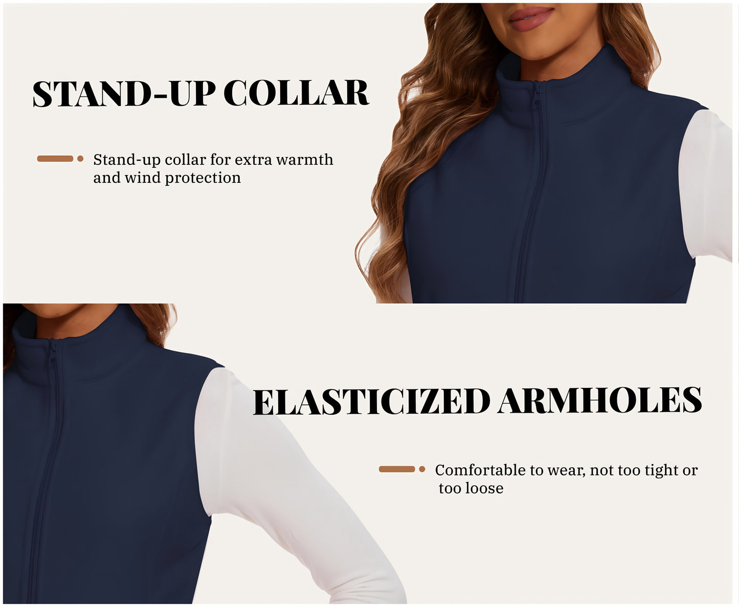 Women'S Fleece Zip Vest Lightweight Warm Sleeveless Jacket Stand Up Collar Windproof Soft Outerwear Vest with 4 Pockets Elastic Armholes for Camping Riding Office Outdoor Party Spring Fall Winter
