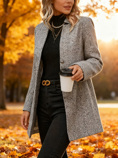 Women's Tweed Coat - Elegant, H-Silhouette Formal & Everyday Outerwear, Long Sleeve Winter Coat for Office, Parties, Casual Outfits - Non-Stretchy Mature Professional Jacket, Office Wear, Tailored Fit, Textured Fabric, Stylish Outerwear