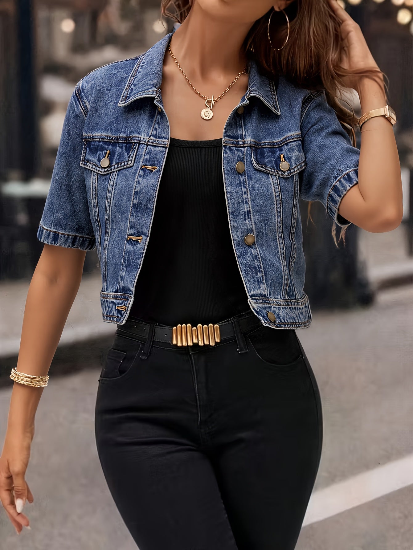 Women's Denim Jacket, New 2026 Vintage Washed Lightweight Short Cropped, Dark Blue, Regular-Shoulder Turn-Collar