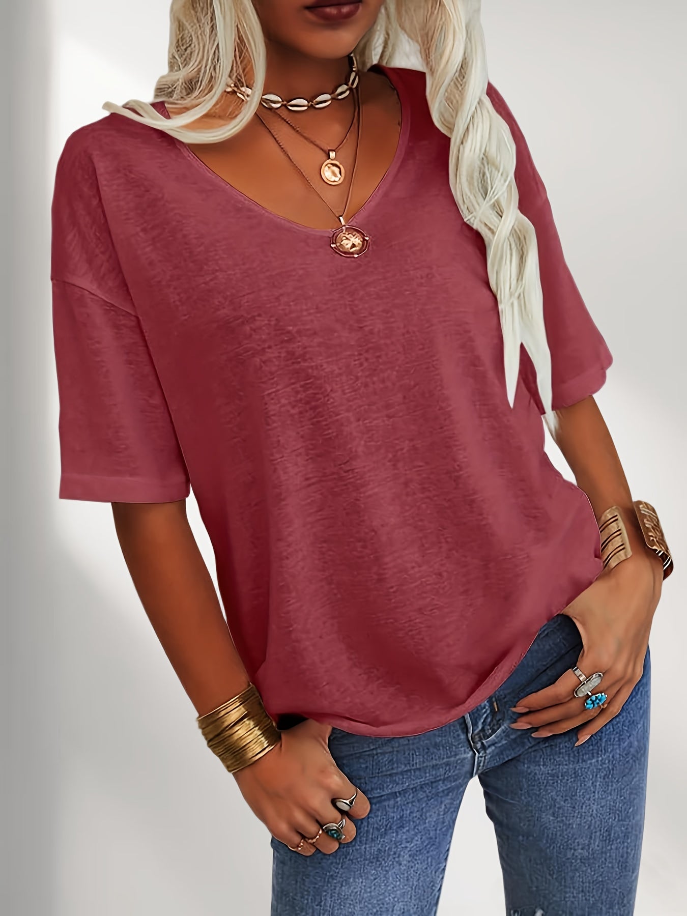 Women Fashion V-Neck Half Sleeves Oversized T Shirt Solid Casual Loose Basic Tops
