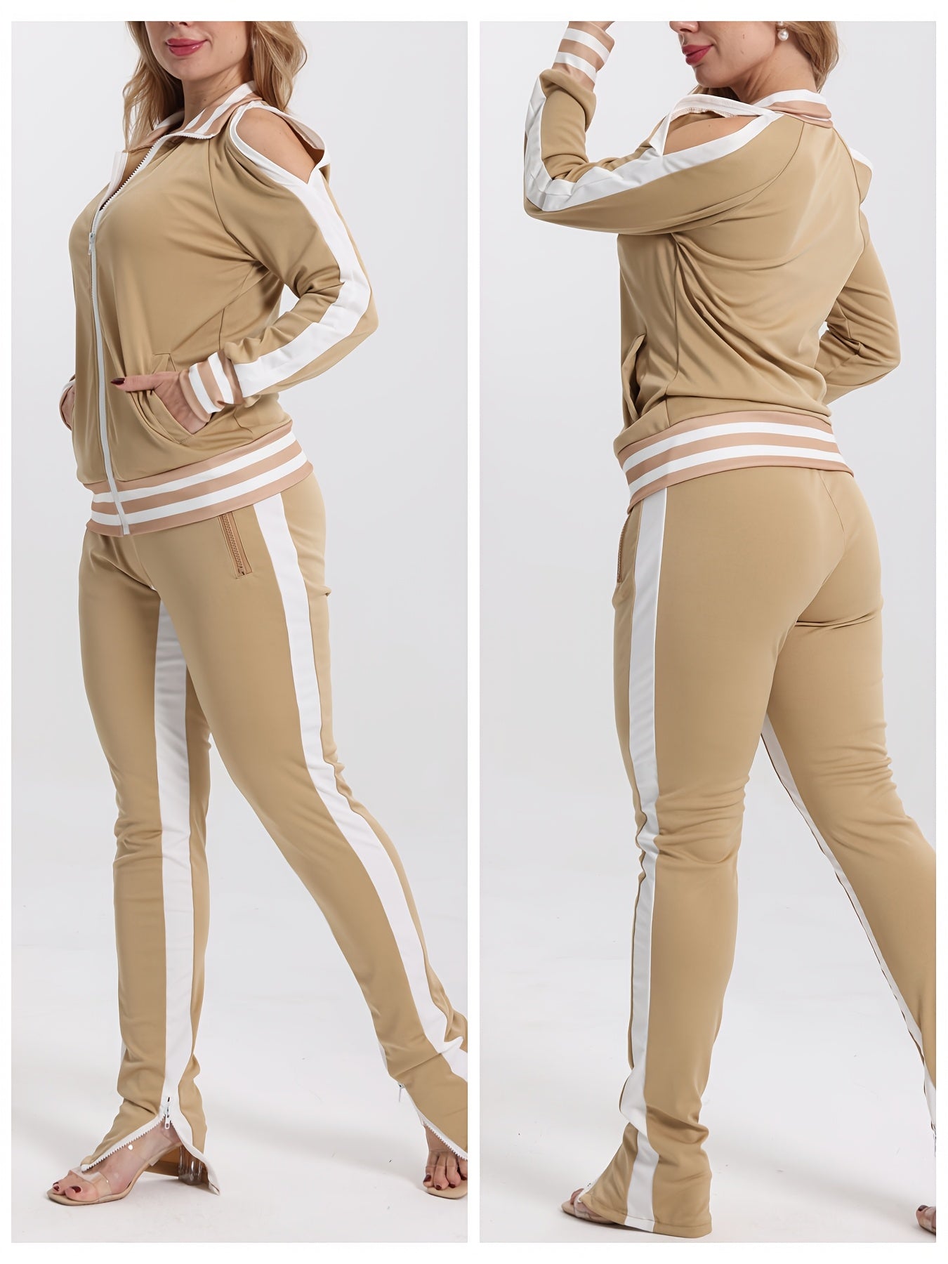 Women's 2pcs Athletic Tracksuit Set, Striped Contrast Shoulder Slit Top & Zipper Hem Sporty Pants, Activewear Lounge Set