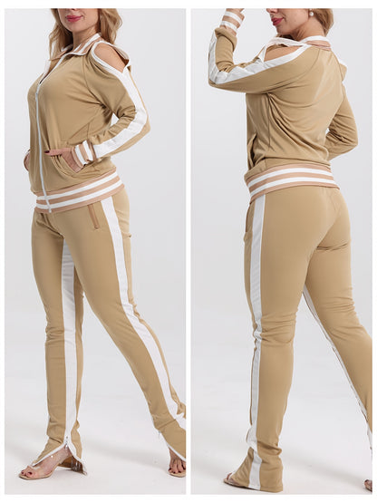 Women's 2pcs Athletic Tracksuit Set, Striped Contrast Shoulder Slit Top & Zipper Hem Sporty Pants, Activewear Lounge Set