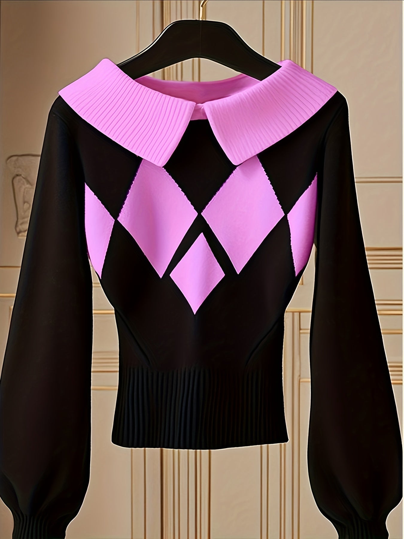 Women'S Elegant Sweater Lapel Diamond Plaid Knitwear Black And White Color Collision Long Sleeve Pullover Fashion Chic Lazy Wind Tops For Office, Party, Daily Wear - Fall And Winter Women'S Trend Tops