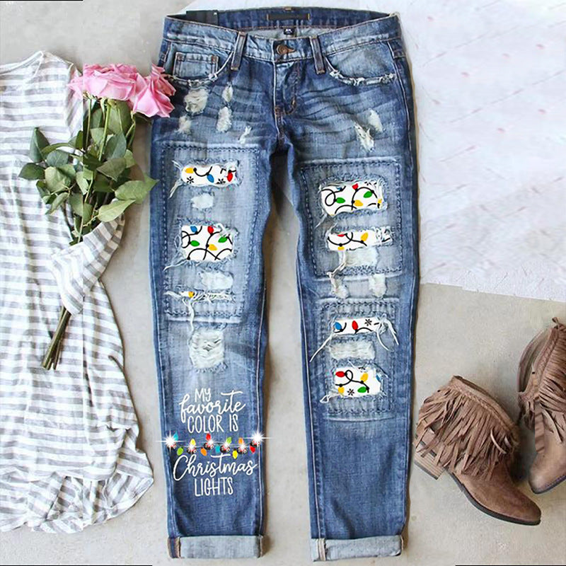 Women'S Distressed Jeans with Patch Printing, Featuring a Cartoon Mouse Pattern Patchwork, a Retro Vintage Style, And "Cartoon Mouse" Printed on The Cuffs