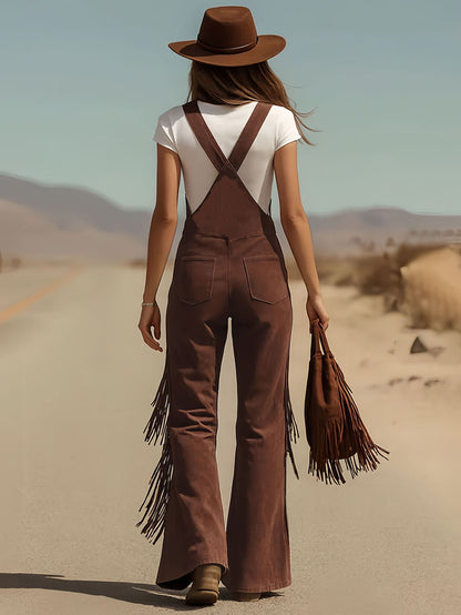 Vintage Fringe Detail Overalls, Loose Wide Leg Design, Fashion Youthful Casual Style, Daily Outing Travel Outfit, Versatile Multi-Occasion Wear
