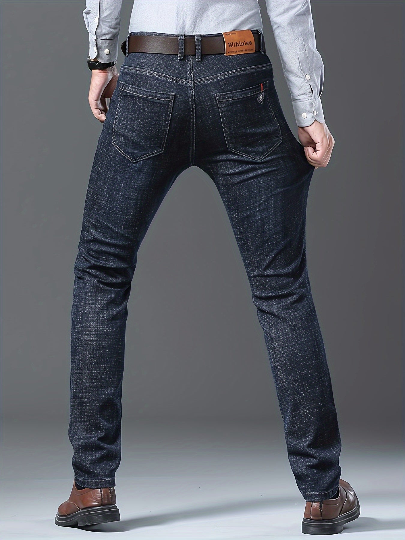 Men's High-Stretch Straight-Leg Business Casual Jeans - Premium Water-Washed Denim, Regular Fit Light Blue with Red Stitching, Autumn/Winter Formal & Casual Attire