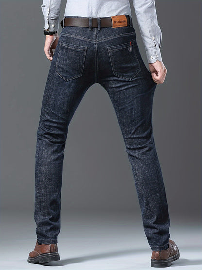 Men's High-Stretch Straight-Leg Business Casual Jeans - Premium Water-Washed Denim, Regular Fit Light Blue with Red Stitching, Autumn/Winter Formal & Casual Attire