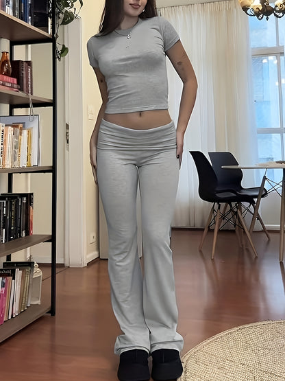 Casual Solid Color Slim Two-piece Pants Set, Short Sleeve Crew Neck T-shirt & Skinny Flared Leg Pants Outfits, Women'S Clothing