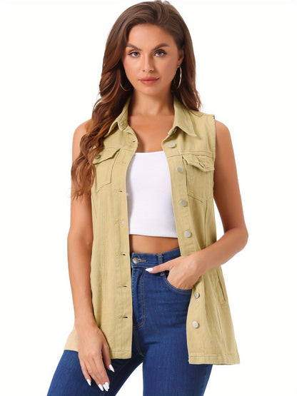 Women'S Denim Vest Sleeveless Button Waistcoat Casual Long Jean Vests