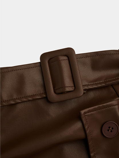 GlOURI Women's Brown Faux Midi Skirt - High Waist with Wide Belt & Side Button & Slit Detail | Slim-Fit Elegant Style for Casual Daily, Office Commute & Fashion Styling (Faux Durable & Figure-Flattering) for Edgy Looks