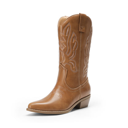 Women's Cowboy Boots Mid Calf Cowgirl Boots Embroidery Stitched Western Boots