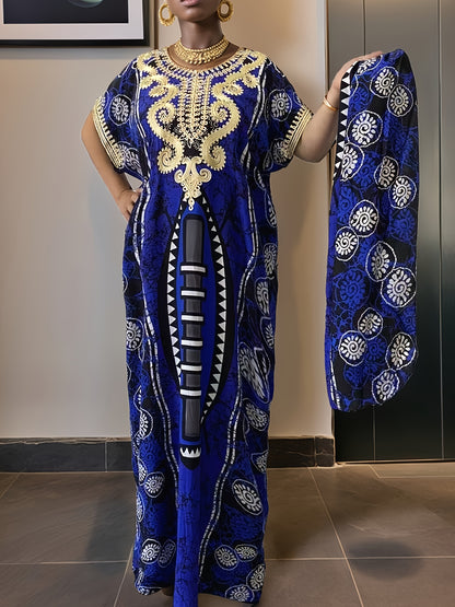 Women'S Maxi Kaftan Dress - Arabic Abaya Robe with Golden & Black Islamic Embellishments | Round Neck, Batwing Sleeves, Long Length, Embroidered Details, Machine Washable
