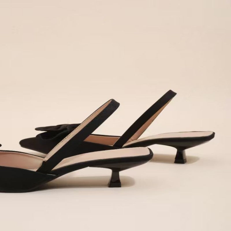 Fashionable Women's High Heel Sandals, Women's High Heels, Exquisite Women's Shoes with A Gentle Style, Black Satin Heels, Pointed Toe with A Bow And Kitten Heel Design, Suitable for Work, Dates, And Daily Commutes. Local Warehouse., Women Shoes