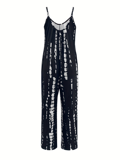 Women's Tie Dye Cami Jumpsuit, Black White Sleeveless Wide Leg Jumpsuit with Pockets, Casual Loose Summer Romper for Daily Wear & Vacation