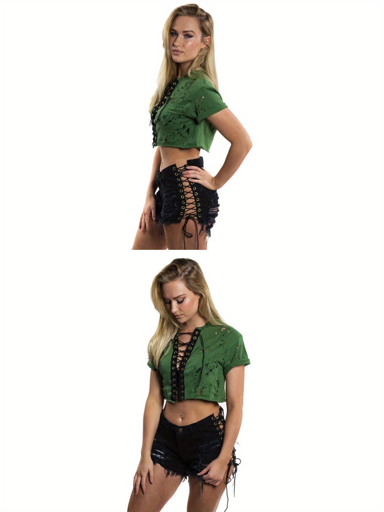 Ripped Bandage Denim Hot Shorts: European Style Side Eyelet Detail, Stretch Slim Fit, Sexy Spring/ Summer Trend!
