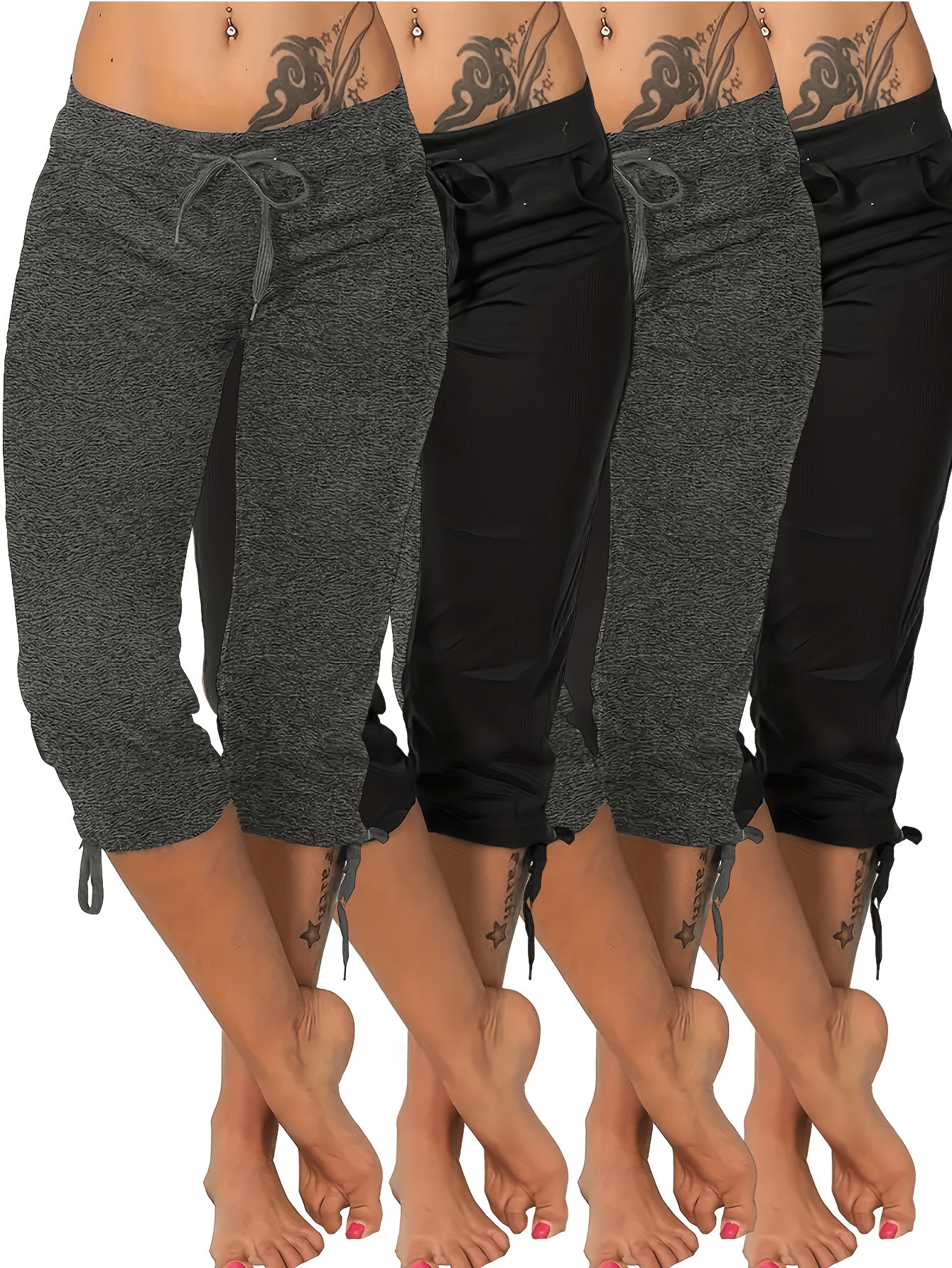 (Pack Of 4) Women'S Lightweight Cropped Trousers With Drawstring Waist - Casual Trousers, Comfortable And Stylish Everyday Trousers For Spring And Summer | Loose Fit Trousers | Casual Style Trousers