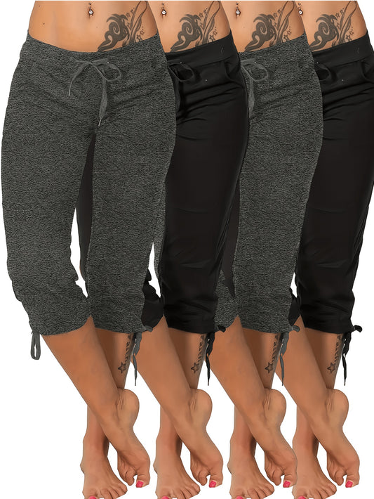 (Pack Of 4) Women'S Lightweight Cropped Trousers With Drawstring Waist - Casual Trousers, Comfortable And Stylish Everyday Trousers For Spring And Summer | Loose Fit Trousers | Casual Style Trousers