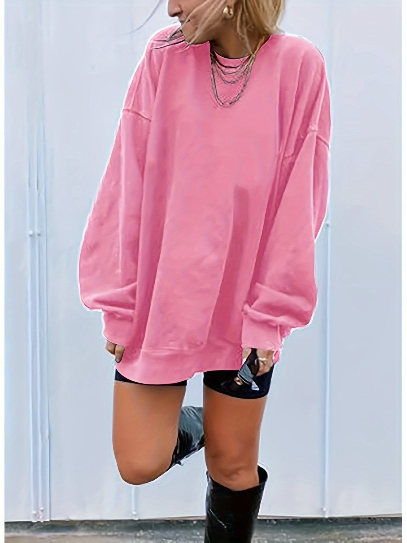 Women's Oversized Long Sleeve Sweatshirts Pure Color Round Neck Casual Pullover Shirt