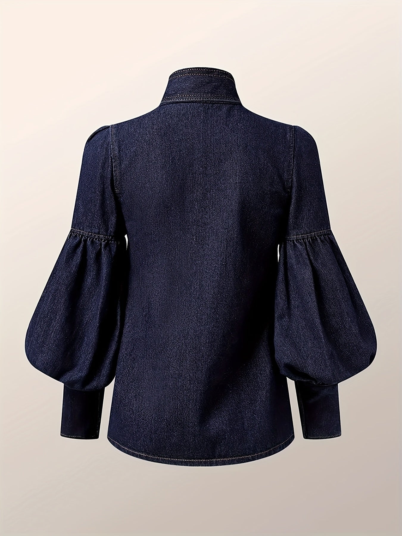 [Printed Pants - Not Denim Fabric]Women Fashion Bow Design High Neck Blouses 2024 New Spring Autumn Puff Sleeves Imitation Denim Casual Office Shirts Tops