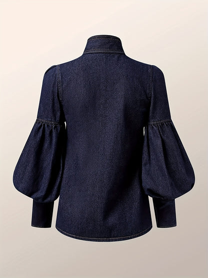 [Printed Pants - Not Denim Fabric]Women Fashion Bow Design High Neck Blouses 2024 New Spring Autumn Puff Sleeves Imitation Denim Casual Office Shirts Tops