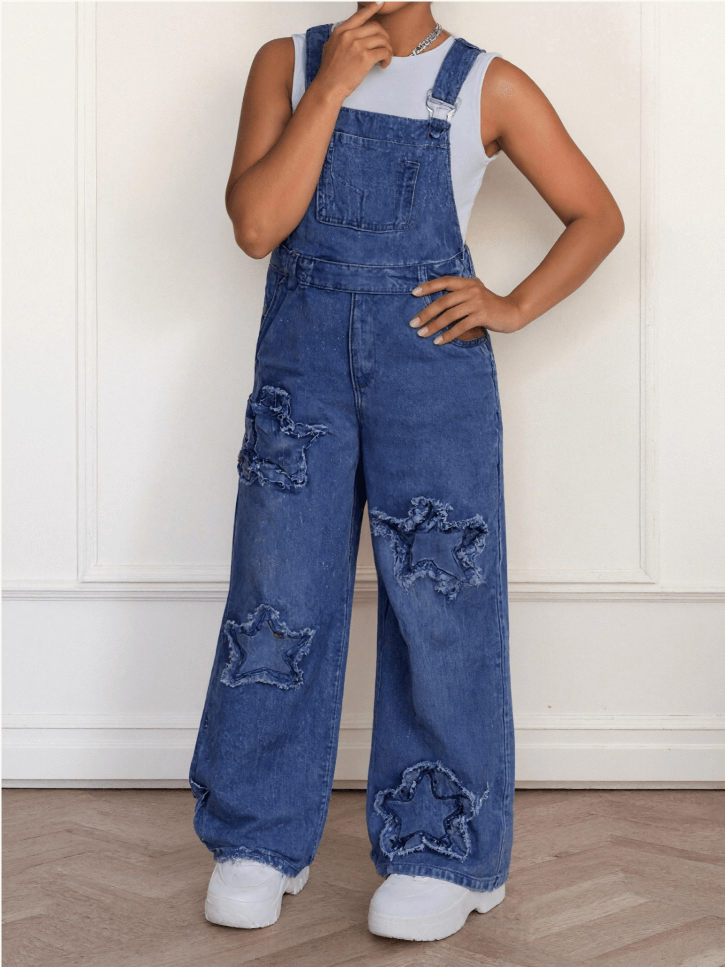 Girls' Star Embroidered Denim Overalls - Wide Leg