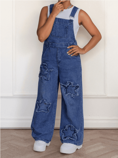 Girls' Star Embroidered Denim Overalls - Wide Leg