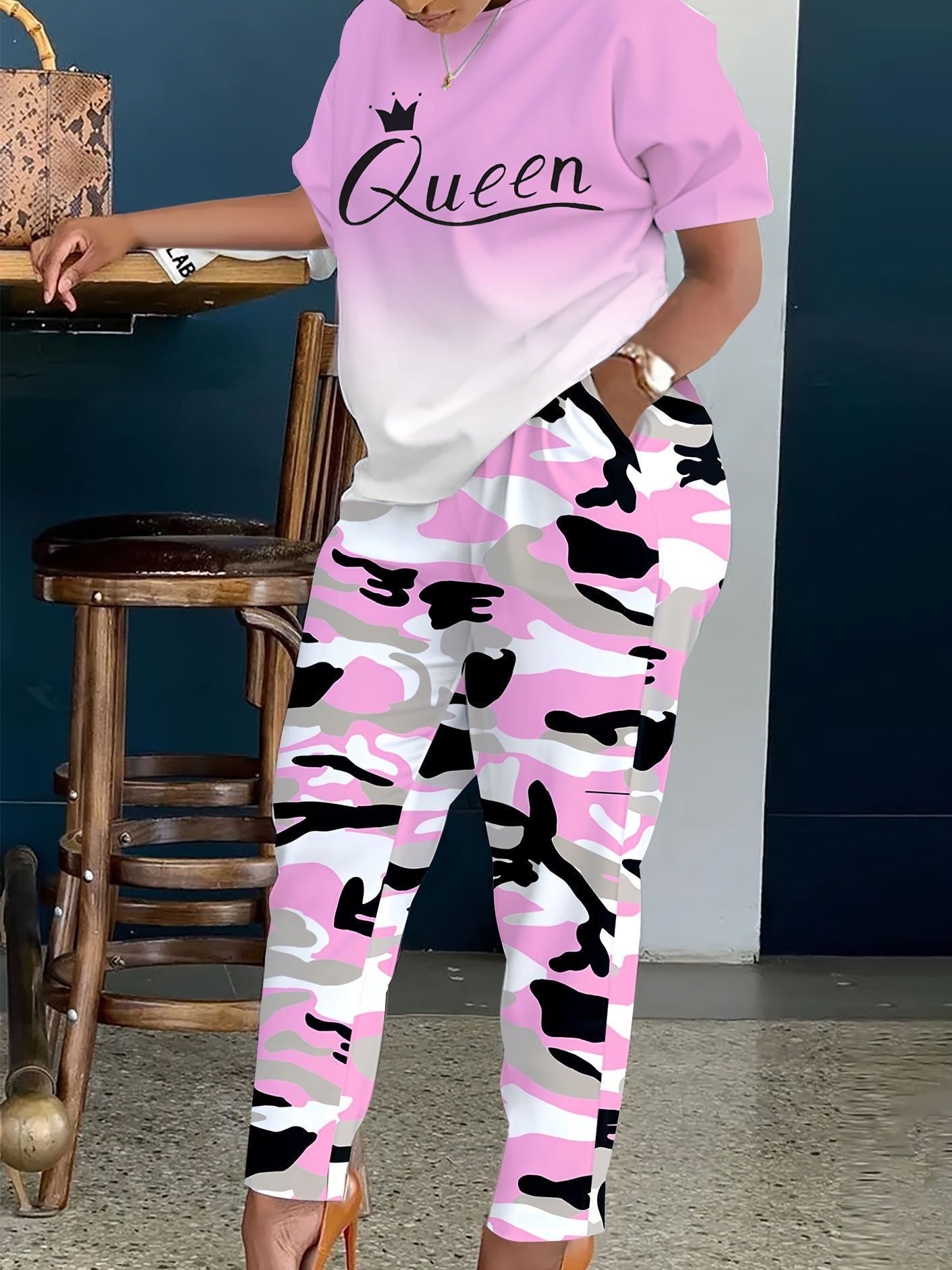 Plus Size - LADIES' Plus Size Daily Fashion Casual Set: Letter Print Crew Neck Short Sleeve T-shirt + Camouflage Long Pants With Pockets