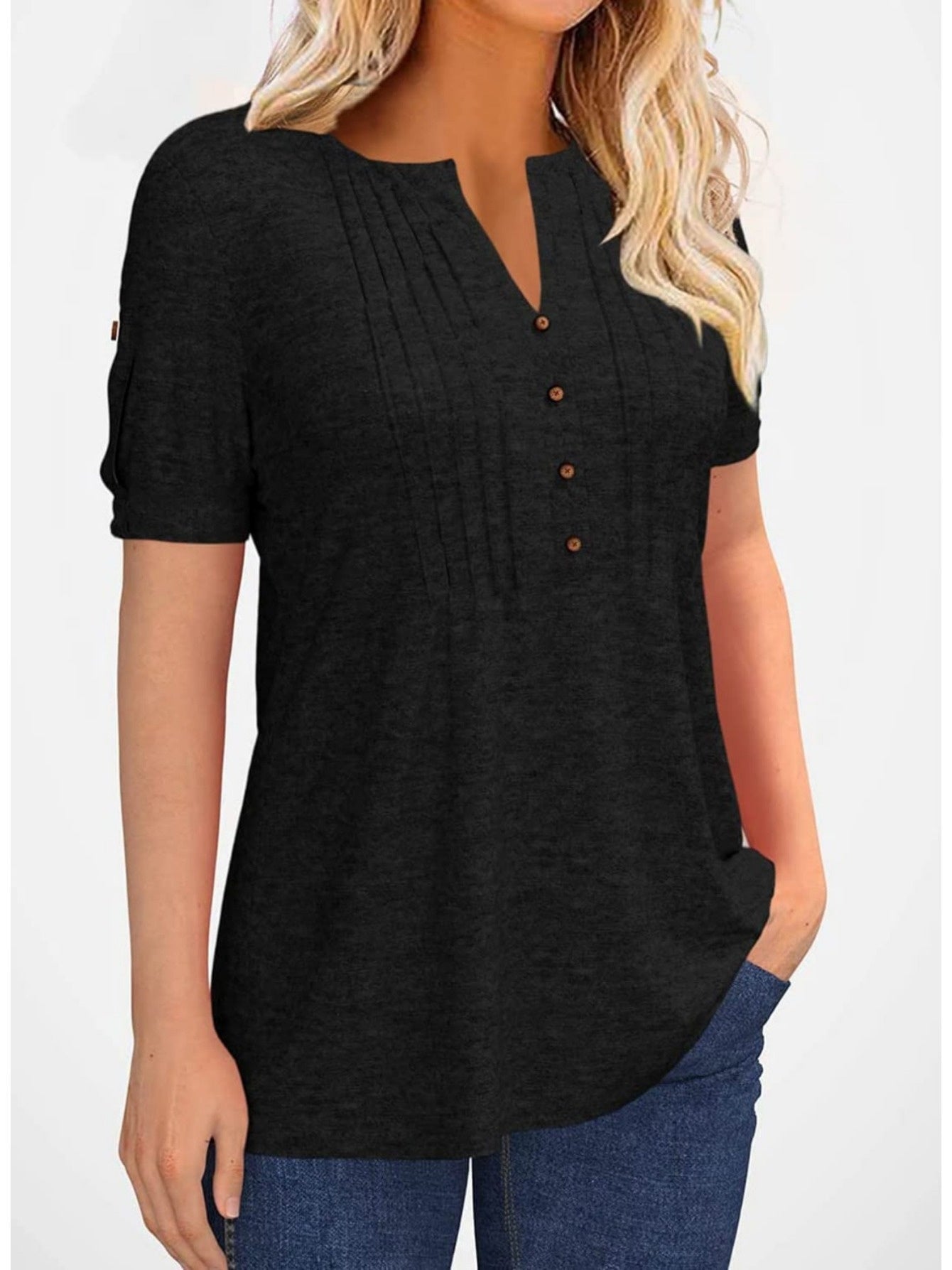 Casual Short-Sleeve Blouse for Women with a Solid Color, Featuring a Pleated Design, Buttoned V-Neck, And a Zipper
