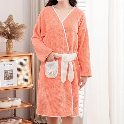 1 Women's super soft absorbent long-sleeved bathrobe - quick-drying, cartoon pineapple plaid design with straps, perfect for home comfort