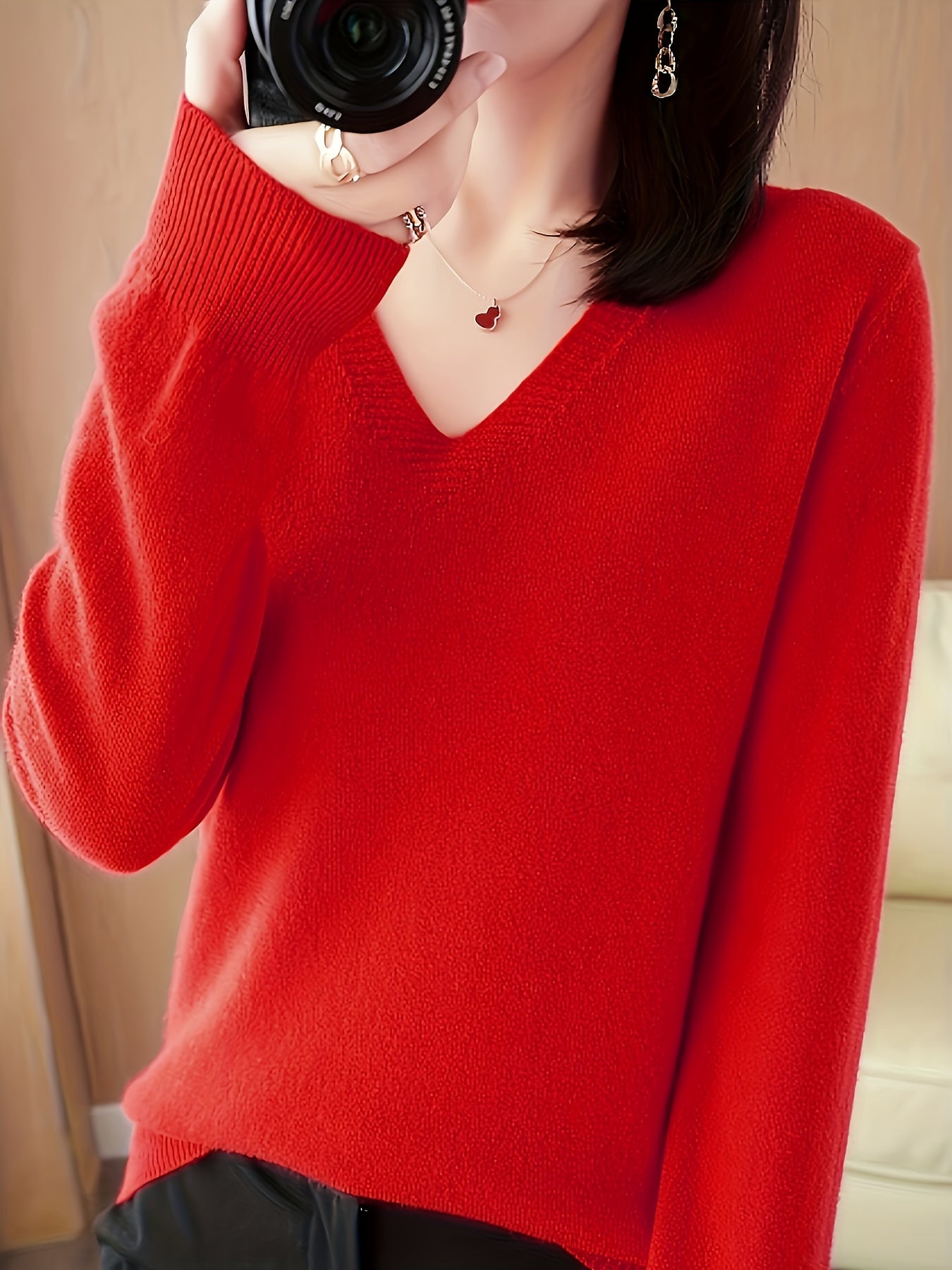 New Women's Solid Color V-Neck Knitted Base Sweater Pullover, Comfortable And Slimming Sweater For Autumn And Winter, Thin And Stylish Inner Layer, Suitable For Daily Wear