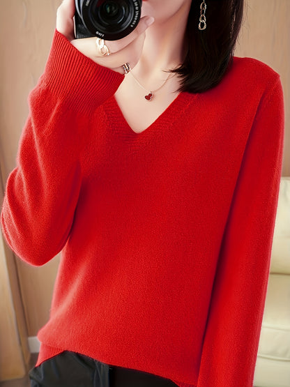 New Women's Solid Color V-Neck Knitted Base Sweater Pullover, Comfortable And Slimming Sweater For Autumn And Winter, Thin And Stylish Inner Layer, Suitable For Daily Wear