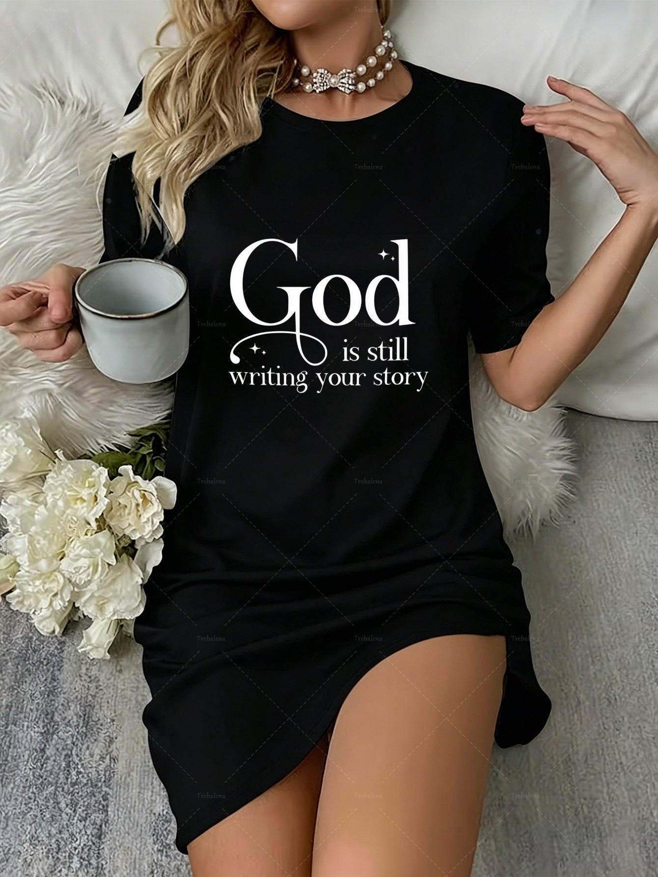 Women'S Plus Size Patterned Dress, Plus Size Nightgown, "God Is Still Writing Your Story", Plus Size Comfortable Women'S Pajamas, Short Sleeves, Soft And Breathable, Loose Fit, Casual Home Wear And Outing Wear