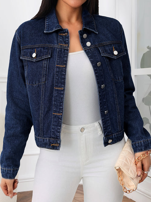 Women'S Casual Blue Denim Jacket with Lapel Collar & Multiple Pockets - Long Sleeve, Button-Up Front, Regular Fit Spring/Fall Outerwear, Spring Outerwear, Classic Buttonup Jacket, Nonstretch Fabric