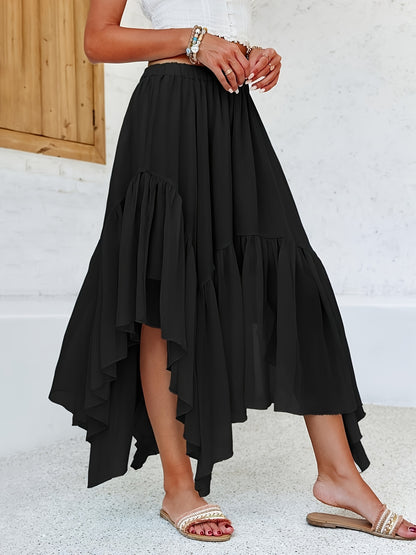 Women's Summer Boho Maxi Skirt Casual Asymmetric High-Low Hem Flowy Bohemia Long Skirt