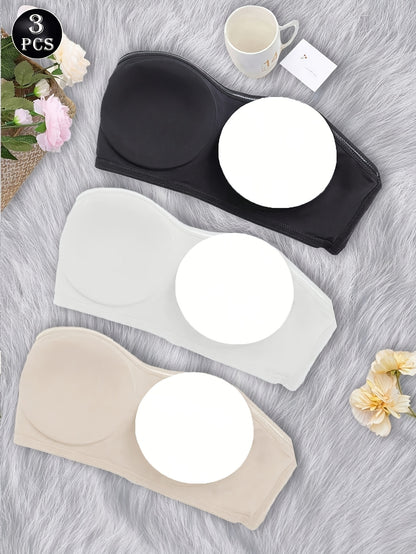 3pcs Strapless Bandeau Bra, Front Button No Wire Bra, Summer Seamless Bra, Solid Color Seamless Bra, Sexy And Comfortable Push-up Bra, Women's Smooth Backless Top Underwear, Women's Lingerie Bra