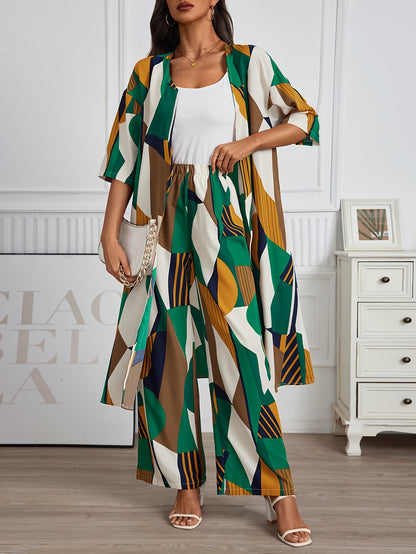 Vacation Style Geo Print Pantsuits Set, Long Length Short Sleeve Shirt & Wide Leg Pants Outfits, Women's Clothing