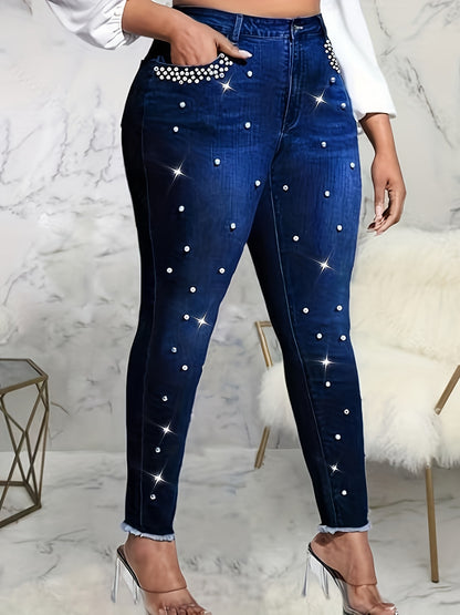Women's 2707# Blue Stretch Fashion Skinny Bootcut Beaded Hem All-Season Jeans