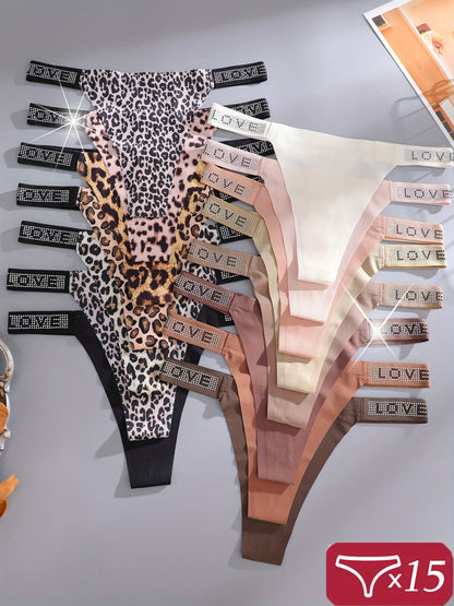 15pcs Pack Women' Ice Thong Panties - Low-Rise -String Underwear with Leopard Print & Hollow-Out Briefs, Soft Comfortable Non-Sheer Suitable for Casual Attire, Hand Washable Sexy Briefs