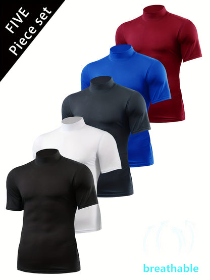 5pcs Men's Breathable Slim Fit T-Shirts - Moisture Wicking, Stretchy Crewneck for Gym/Running/Cycling (Solid Colors) - Athletic & Casual Wear