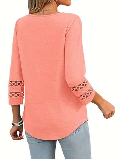 Casual Business Elegant Summer Clothing for Women Featuring a V-Neck T-Shirt with 3/4 Lace Sleeves in European And American Styles